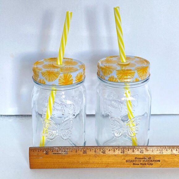Lemonade Glasses Set Of 2 With Yellow Floral Screw-On Lids Reusable Straws 16 Oz - Picture 7 of 7